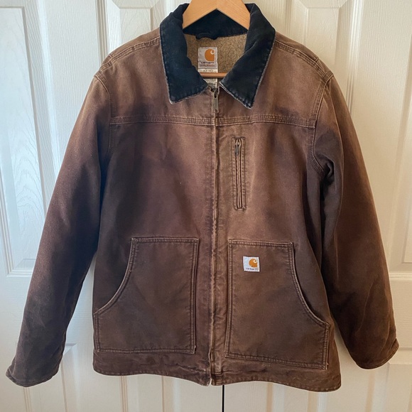 Carhartt Jackets & Blazers - VINTAGE carhartt Dark Brown Sun Faded Canvas Lined Chore Utility Barn Jacket L